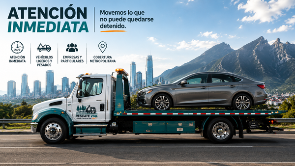 Grúa plataforma transporta un sedán negro con ciudad y montañas al fondo, anuncio de atención inmediata.
