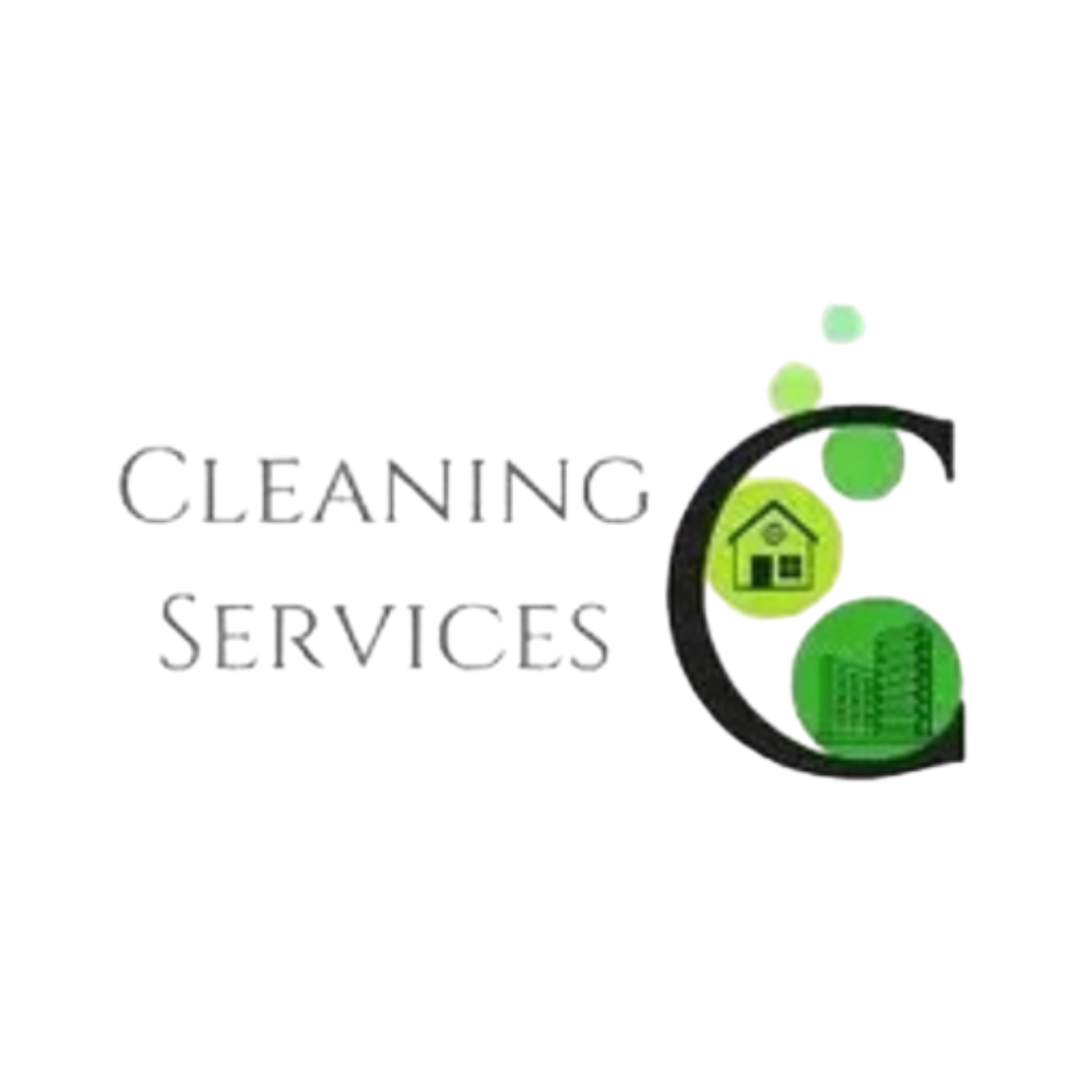 Cleaning Services logo with gray text and green house-and-city icon inside a black swirl
