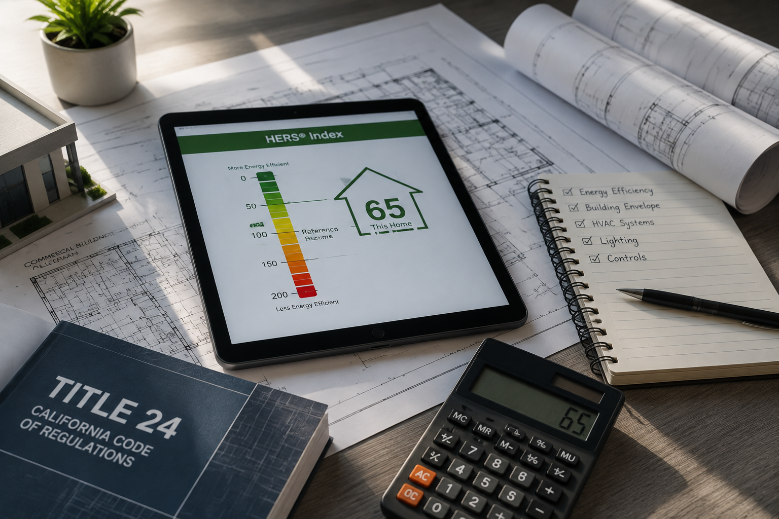 People reviewing financial documents at a desk with charts, calculator, and clipboard