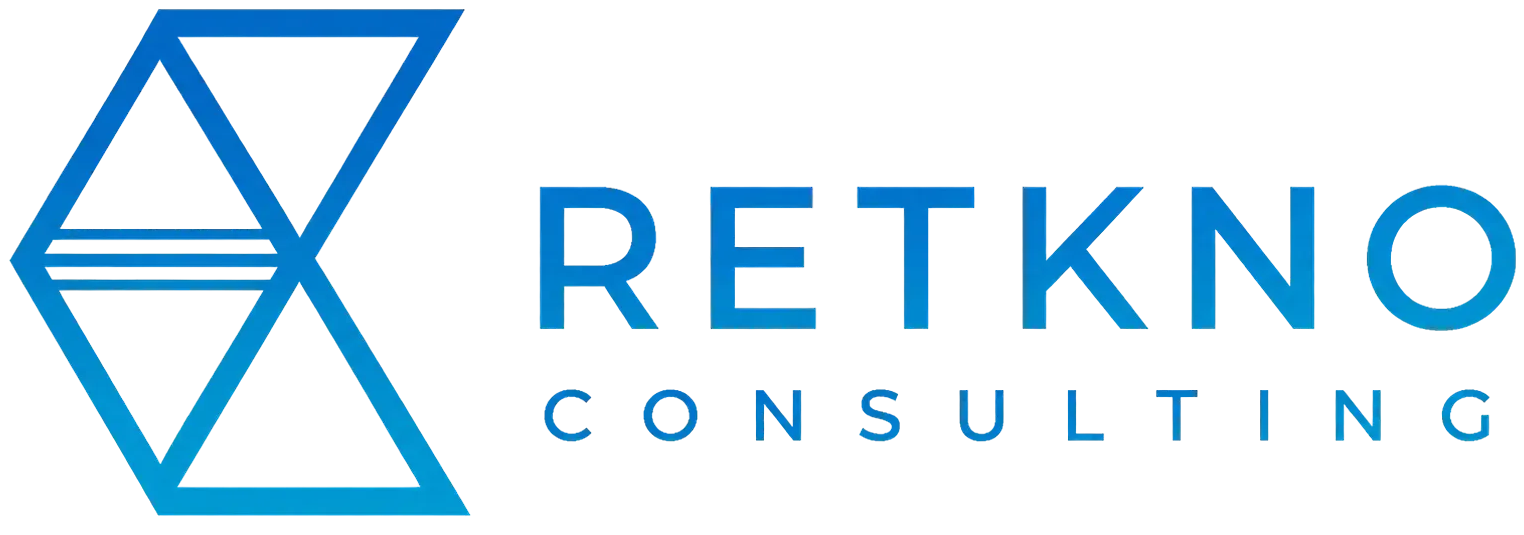 Retkno Consulting logo in blue with geometric icon and text on white background