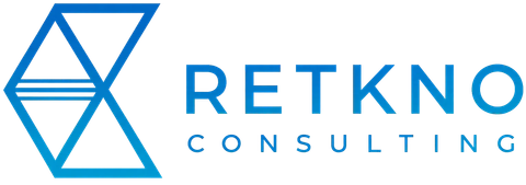 Retkno Consulting logo with blue geometric icon and blue text on white background