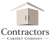 Logo for Contractors Cabinet Company featuring an icon of cabinet doors under a roof, with text below.