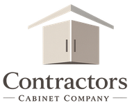 Logo for Contractors Cabinet Company featuring an icon of cabinet doors under a roof, with text below.