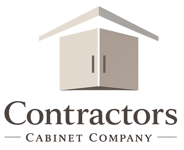 Logo for Contractors Cabinet Company featuring an icon of cabinet doors under a roof, with text below.