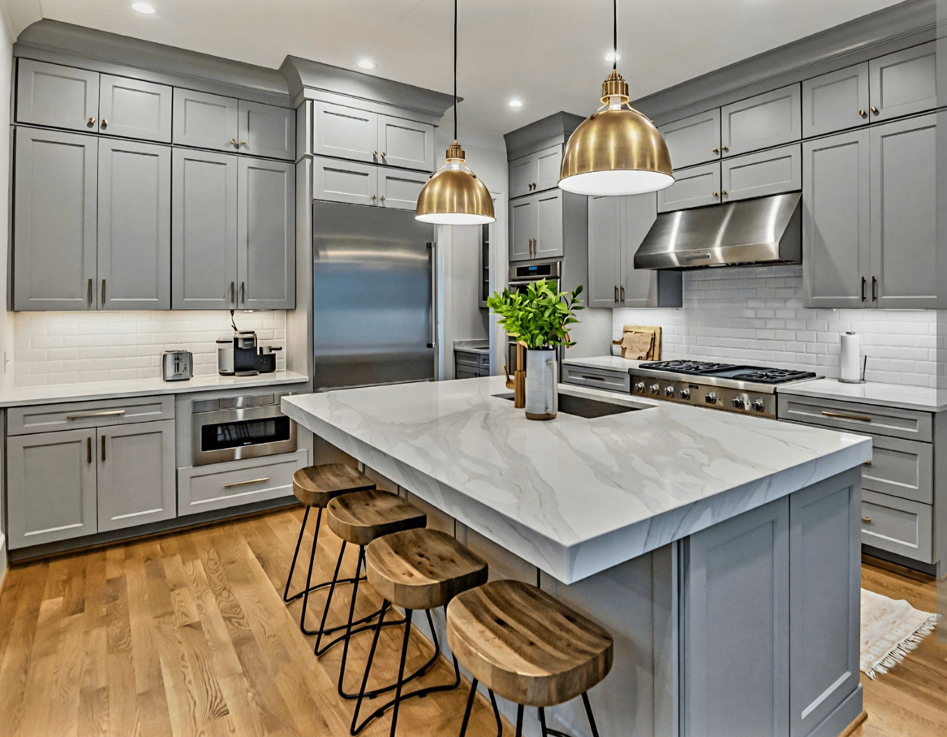 Modern kitchen with grey cabinets, white marble island, stainless steel appliances, and gold pendant lights over stools.