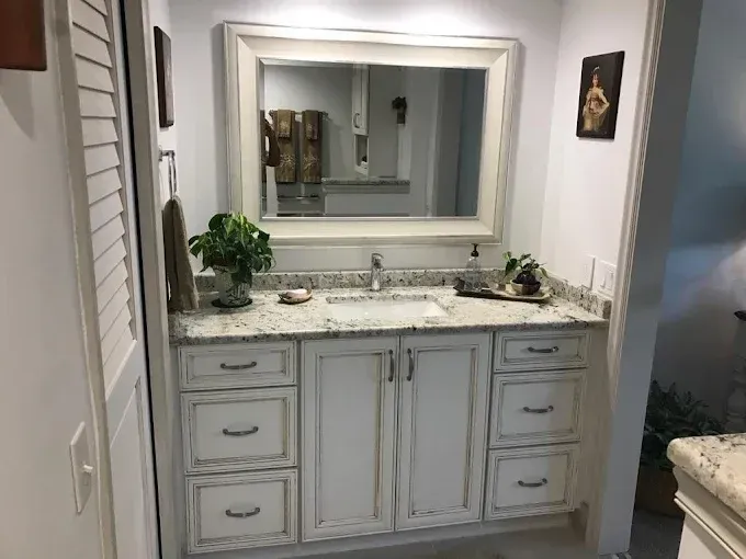A cream-colored bathroom vanity with a granite countertop, sink, mirror, and two small potted plants against a white wall.