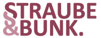 „STRAUBE & BUNK.“ Textlogo in Dunkelrosa. „&“-Symbol in einem helleren Rosa.