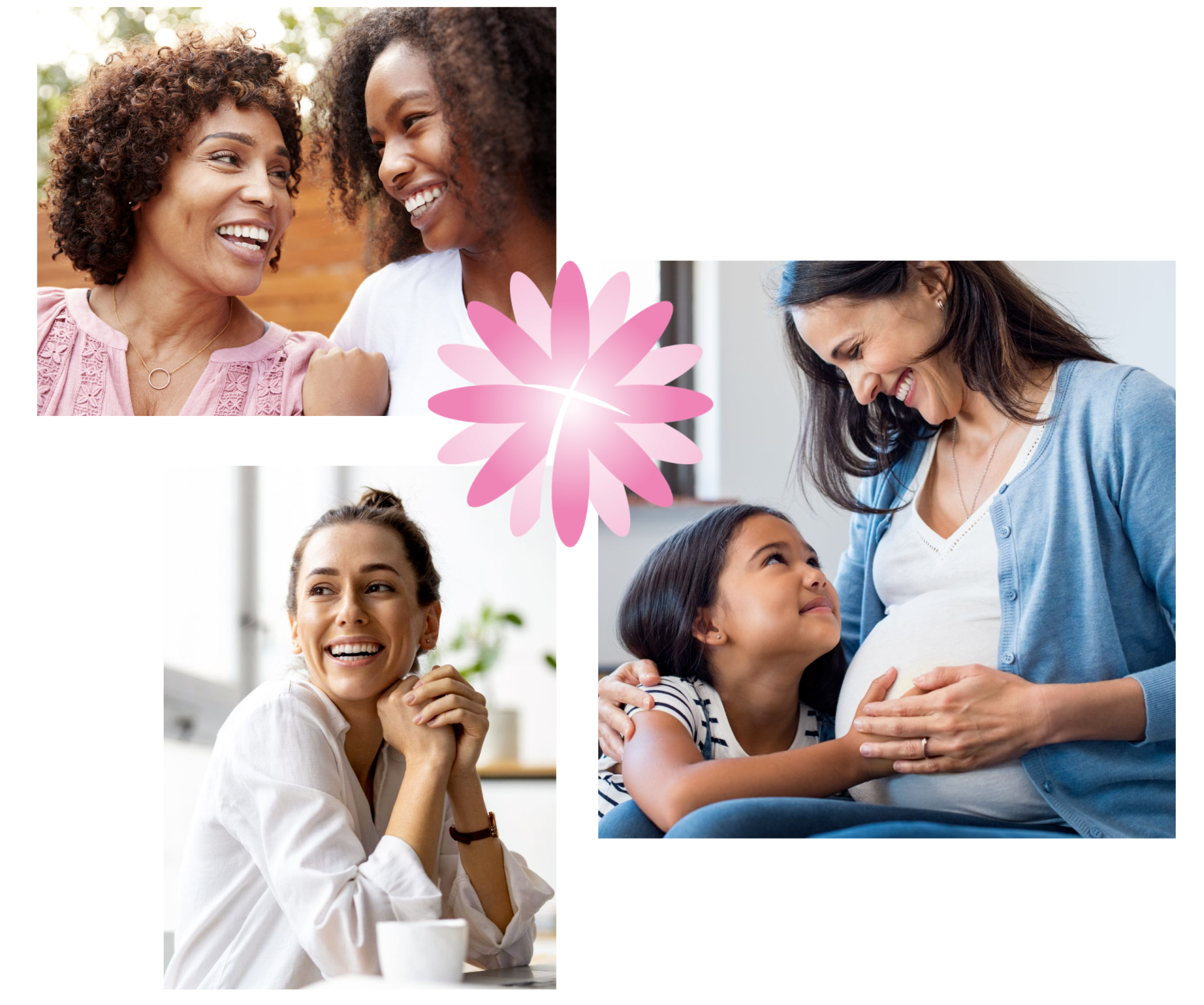 photo collage - mother and daughter, young woman, pregnant woman and young child