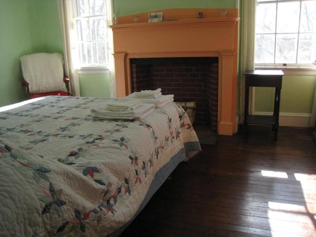 A bedroom with a fireplace and a bed