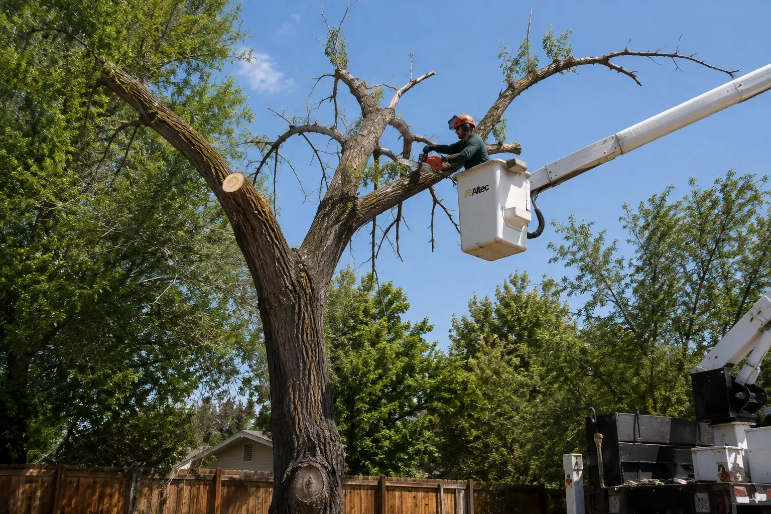 Arborist in a bucket lift trimming branches to determine is that Fruita tree still worth saving.