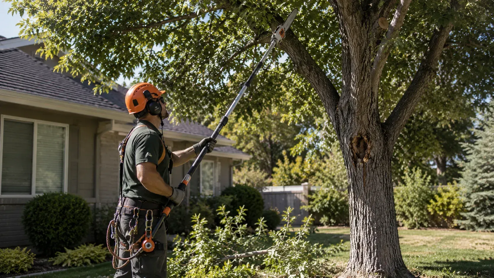 Arborist using a pole saw on a branch, evaluating is your Montrose tree asking for a trim.