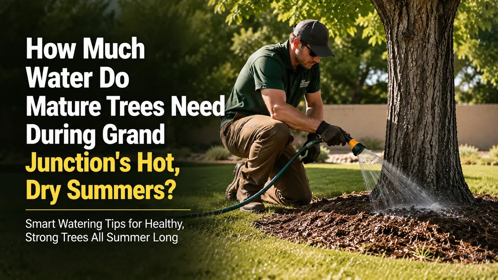 Man watering a large tree with a hose, illustrating how much water do mature trees need during hot summers.