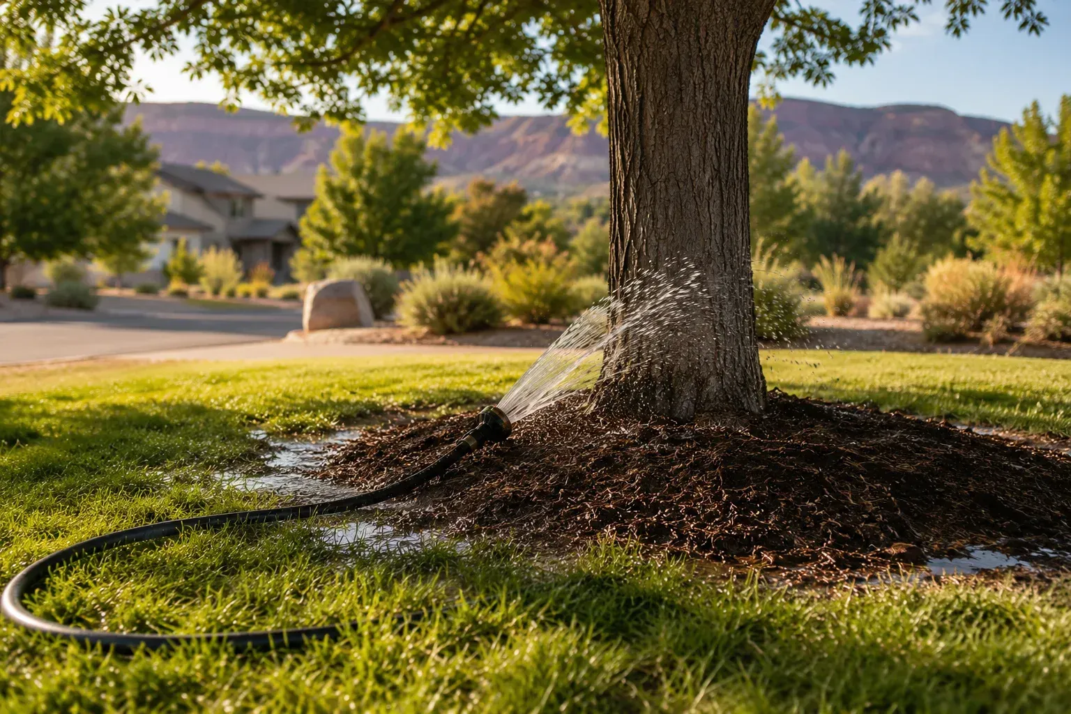 Lawn sprinkler watering a tree, showing how much water do mature trees need during hot summers.