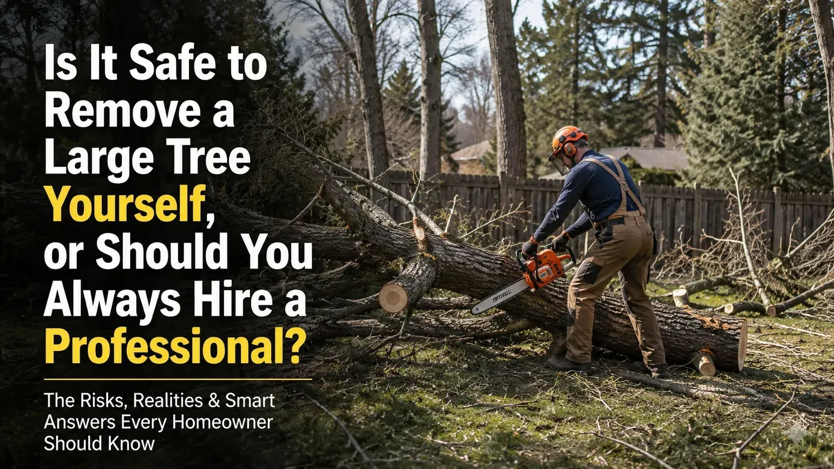 A homeowner cutting a fallen trunk with a chainsaw, demonstrating the risks involved when considering: is it safe to remove a large tree yourself?