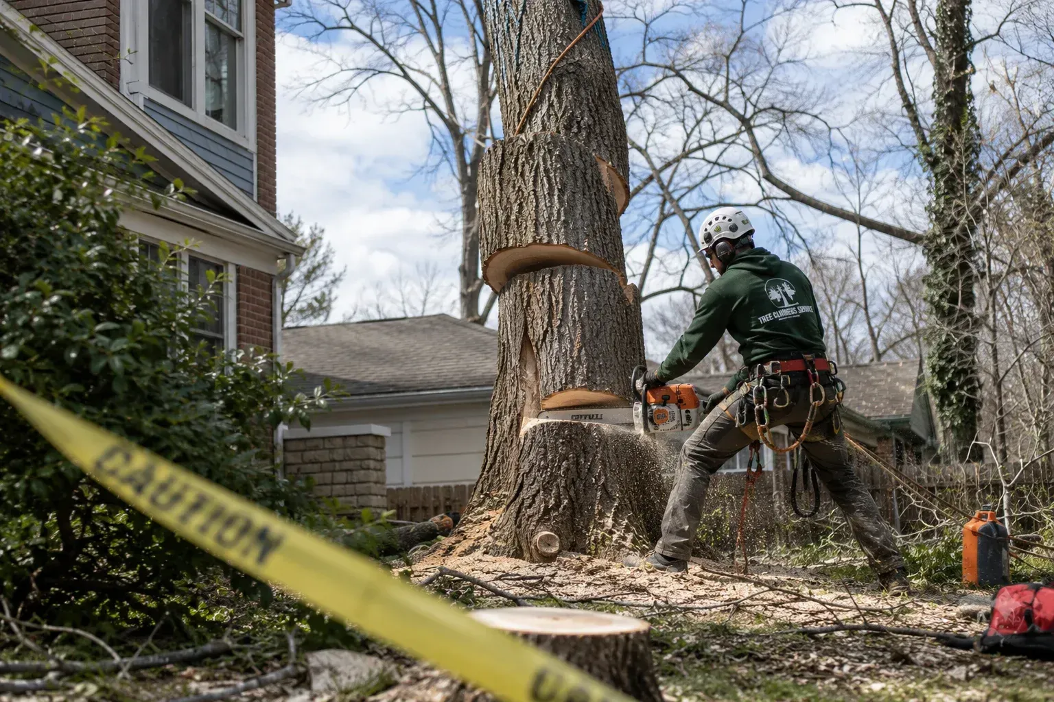 Chainsaw cutting a trunk, answering: is it safe to remove a large tree yourself?