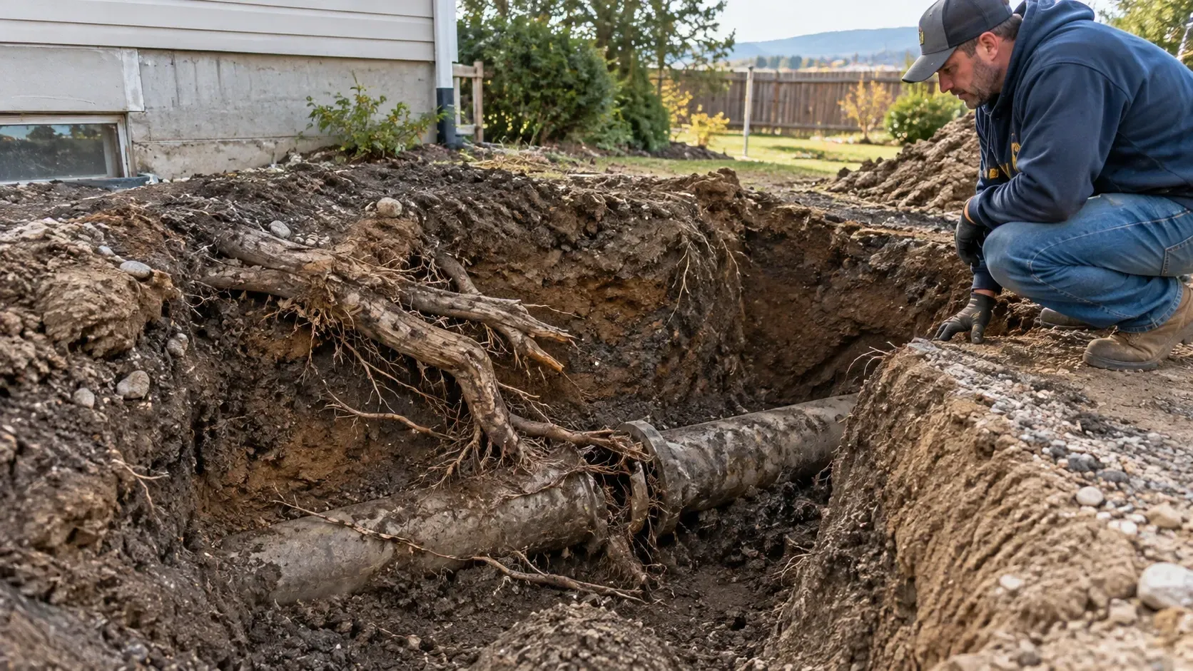 Contractor inspecting an exposed sewer pipe and cut tree roots inside a deep trench.