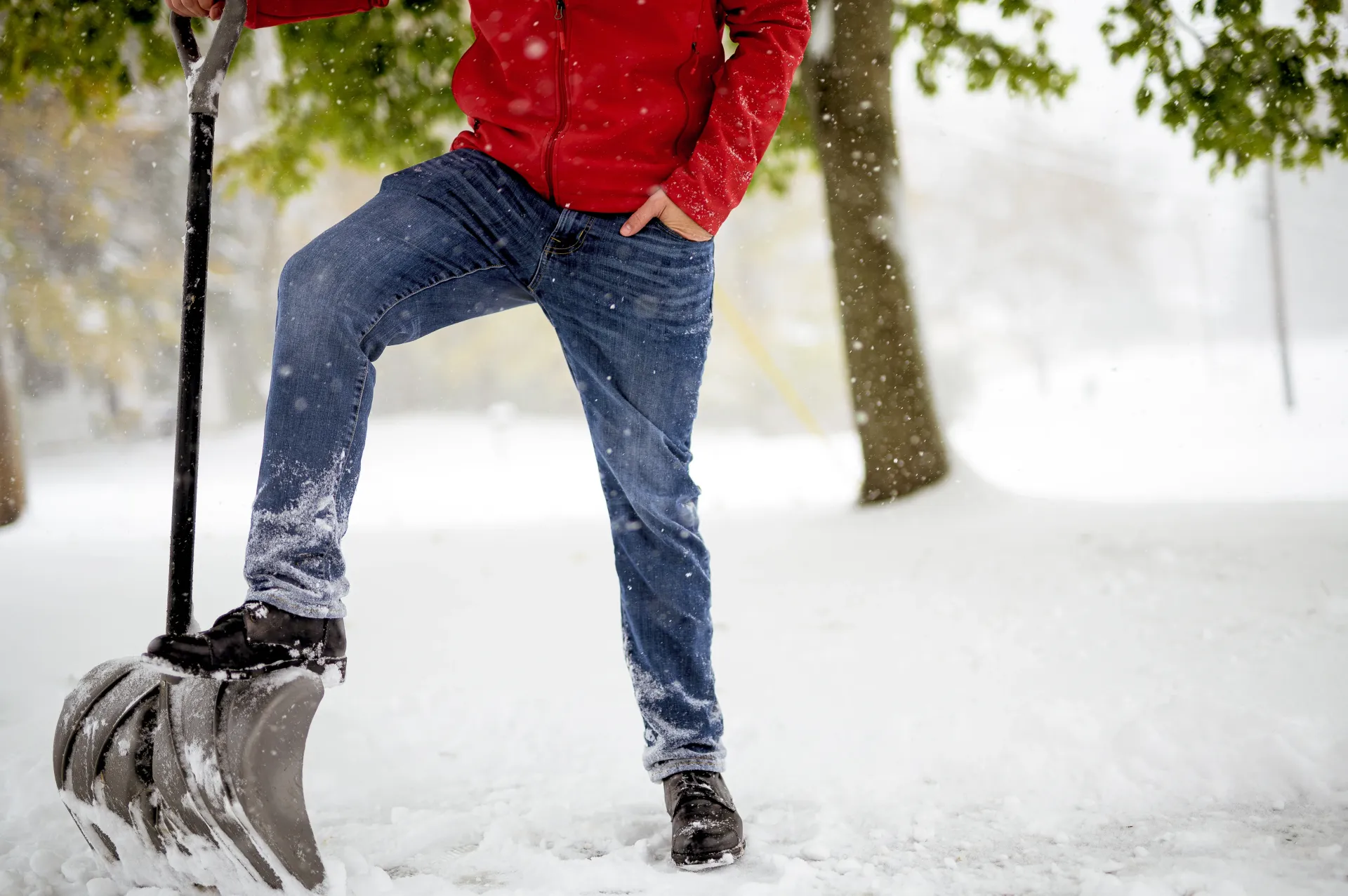 Person shoveling snow in a red jacket with a black snow shovel on a snowy sidewalk