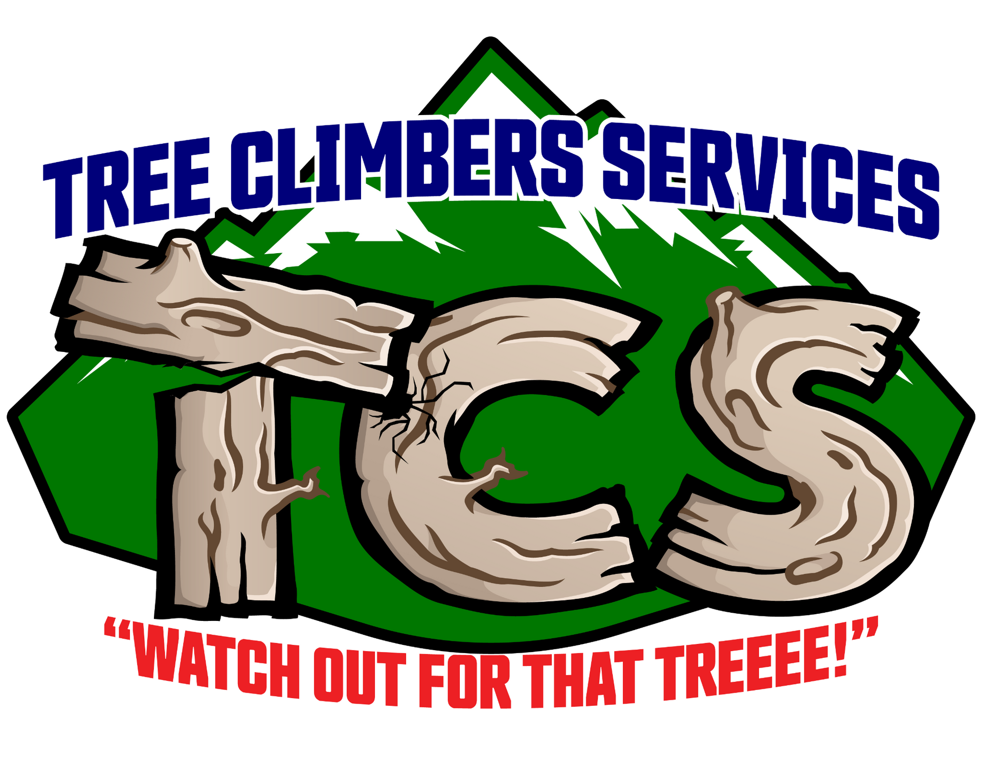 The logo for tree climbers services has a red wolf on it.