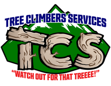The logo for tree climbers services has a red wolf on it.