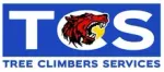 The logo for tree climbers services has a red wolf on it.