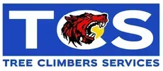 The logo for tree climbers services has a red wolf on it.