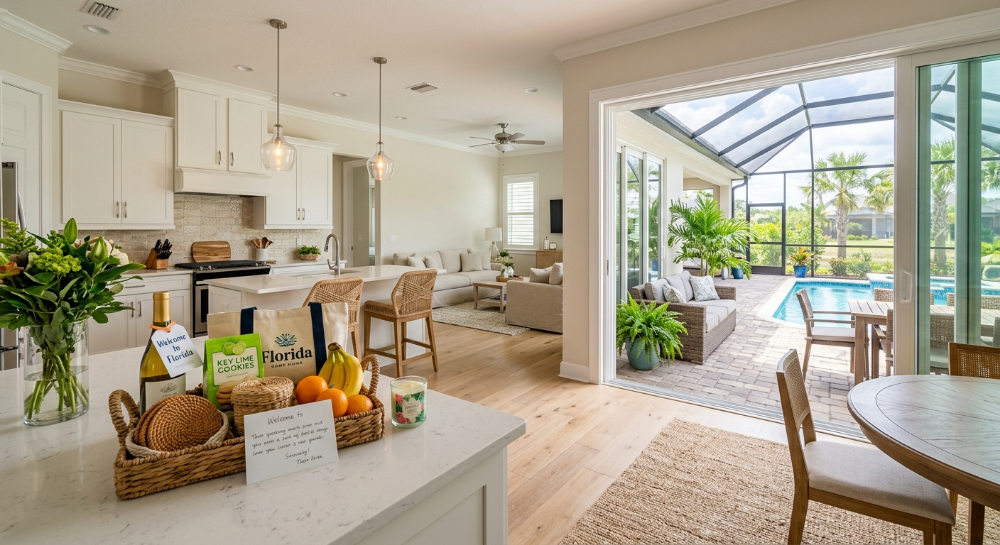 Beachfront vacation rental home in South Florida with a welcome mat at the front door on a sunny day
