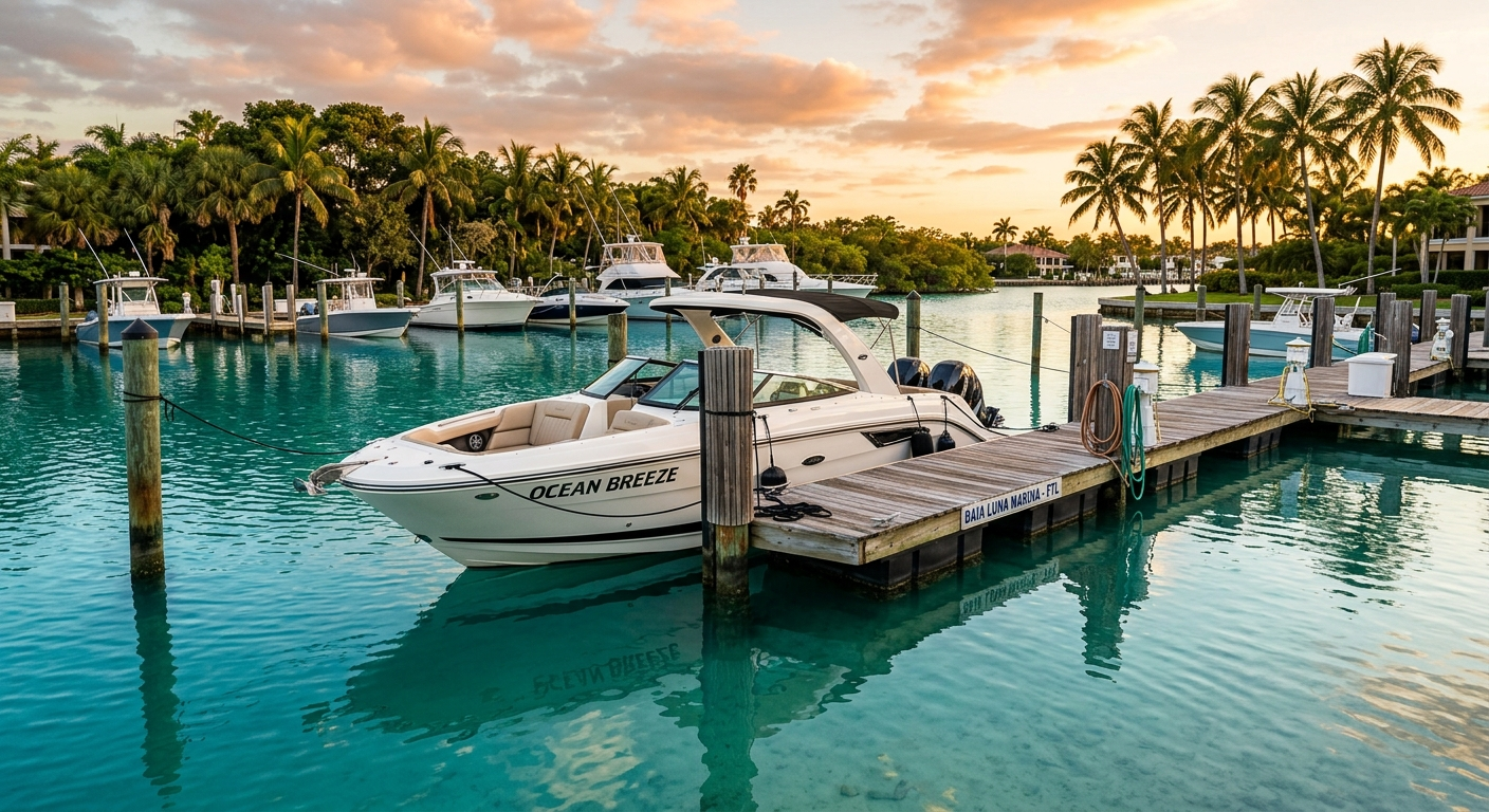 A center-console fishing boat docked at a South Florida marina on a sunny day with palm trees in the background