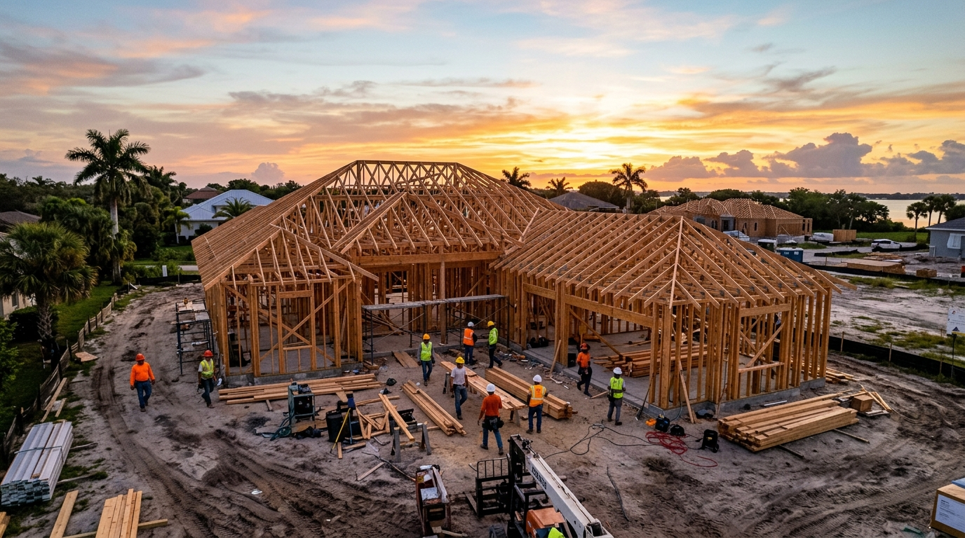 Construction worker reviewing blueprints on a Florida job site with an unfinished concrete building frame in the background