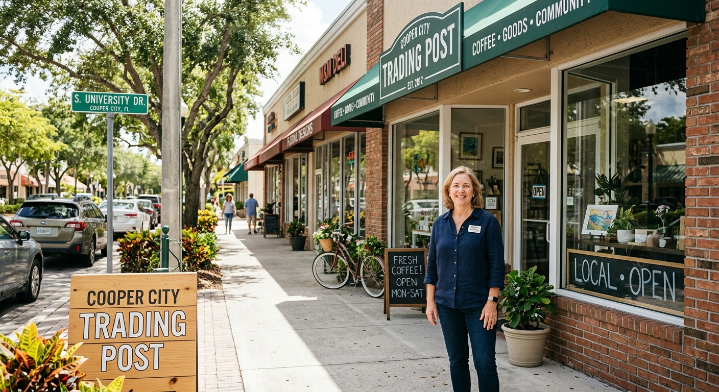 Small business storefront on a sunny commercial street in Cooper City, Florida, with palm trees and blue sky