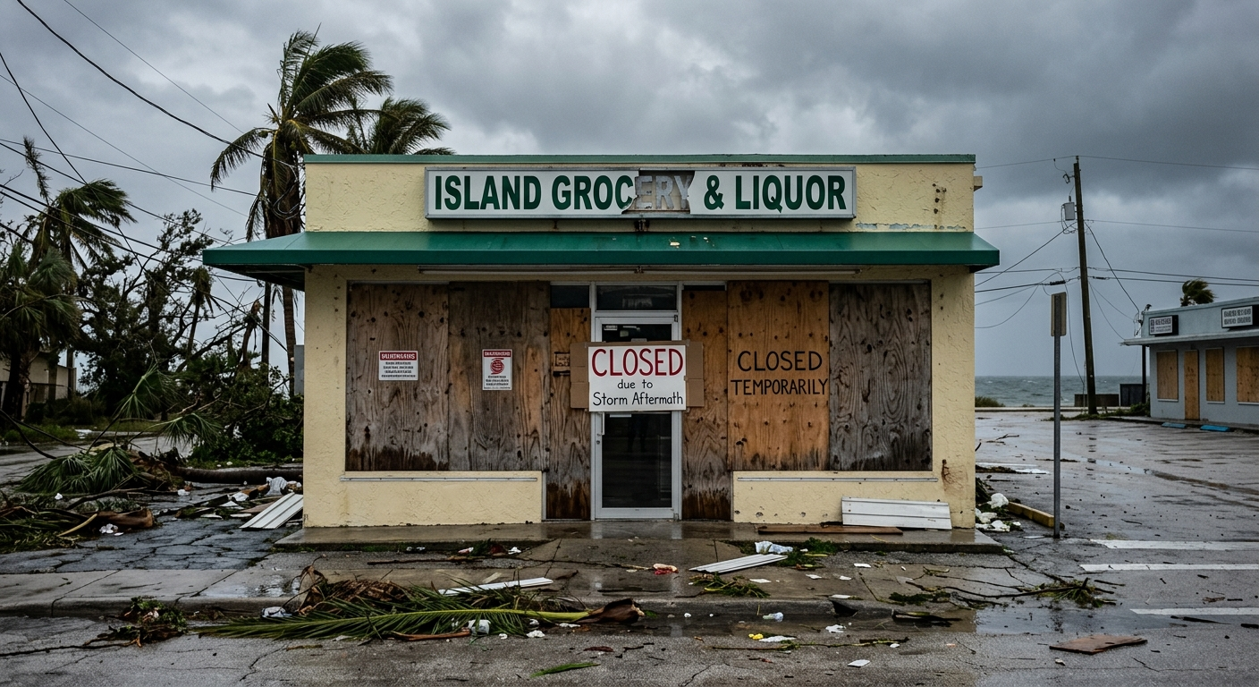 South Florida commercial street with small businesses boarded up ahead of a hurricane, blue sky with approaching storm clouds