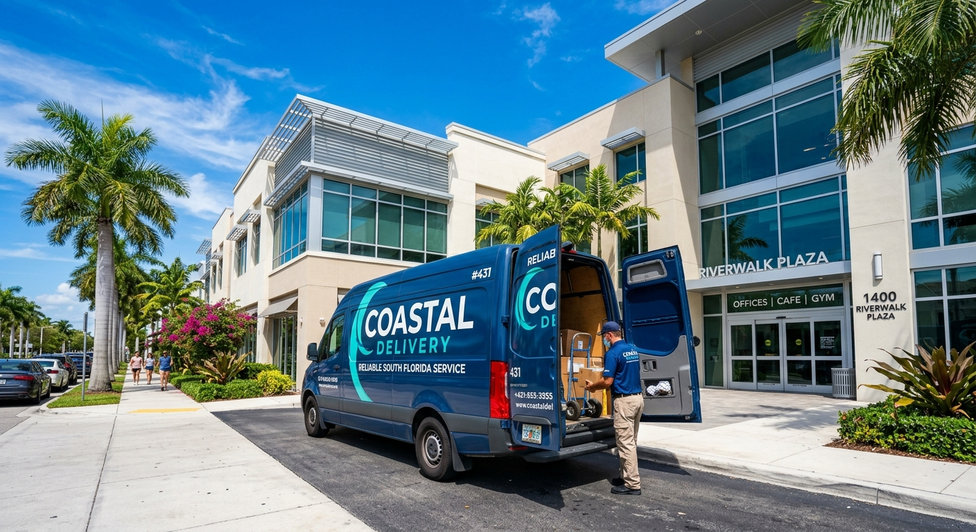 Commercial delivery van parked outside a small business in Fort Lauderdale, Florida on a sunny day