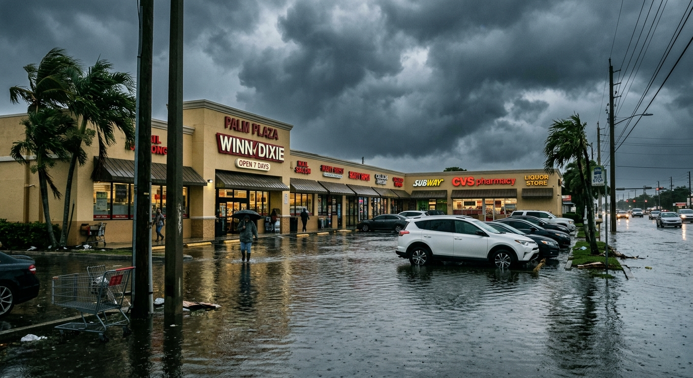 Flooded commercial street in South Florida with water surrounding storefronts after a heavy rainstorm