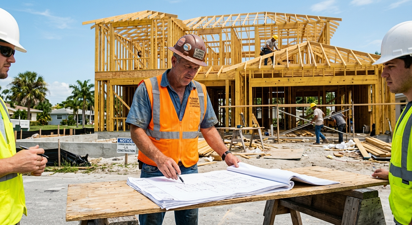 Contractor reviewing insurance documents on a clipboard at a South Florida construction site