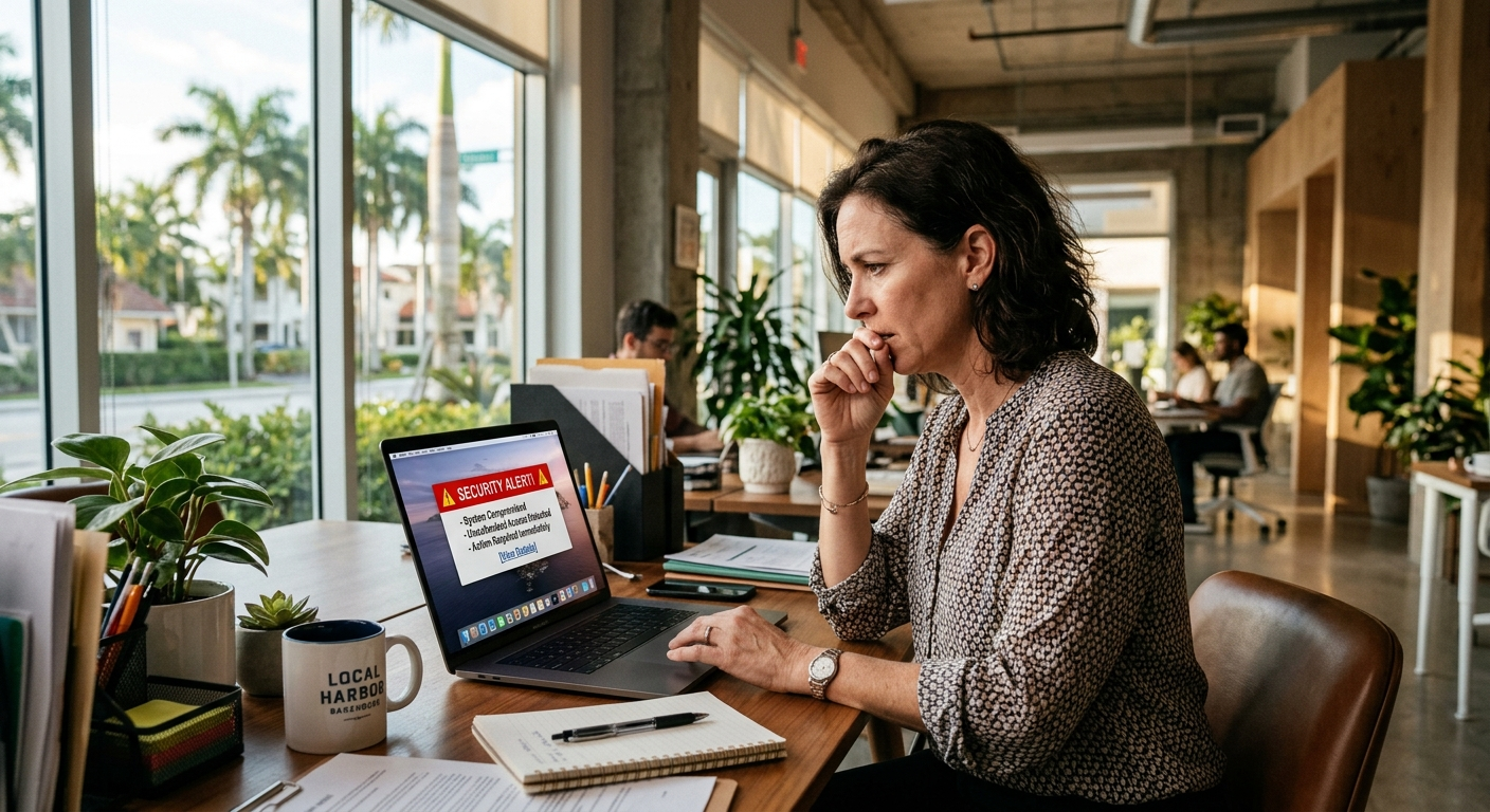 Small business owner at a laptop reviewing security alerts in a South Florida office