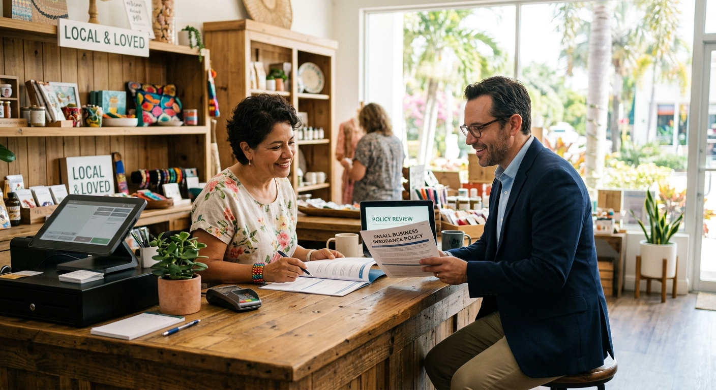 Small business owner reviewing insurance documents at a desk in a bright South Florida office