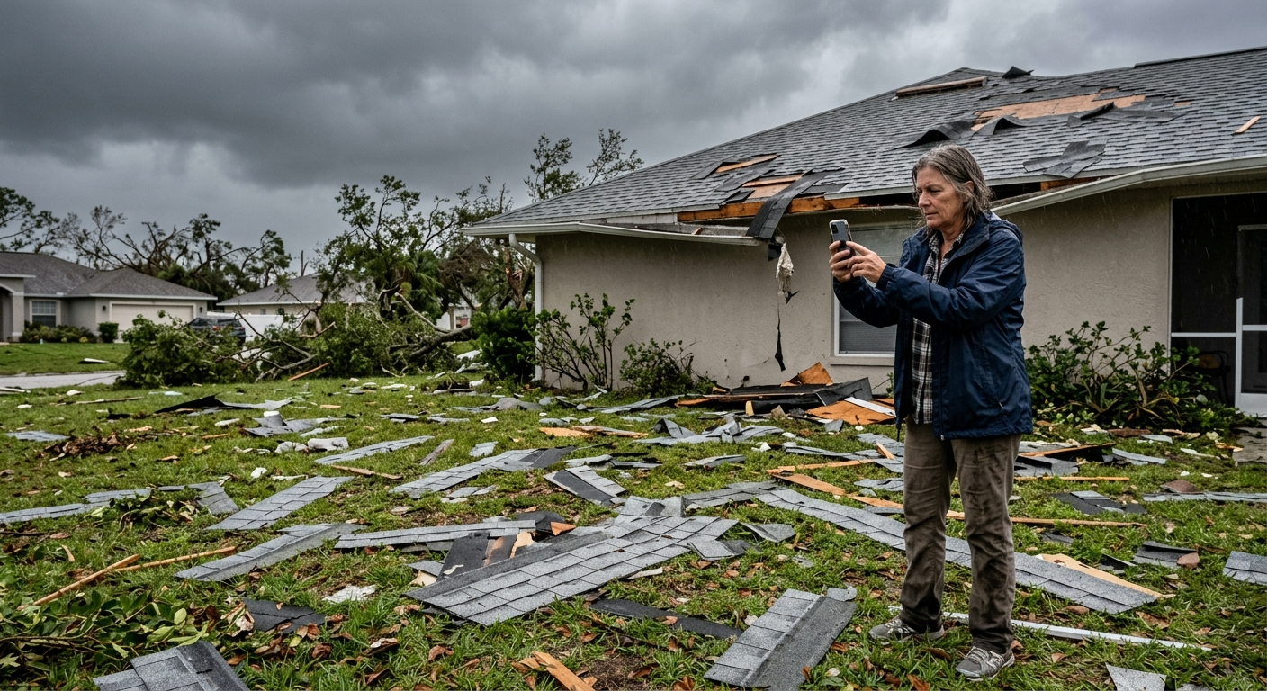 Florida homeowner reviewing storm damage on a residential roof after a hurricane in South Florida