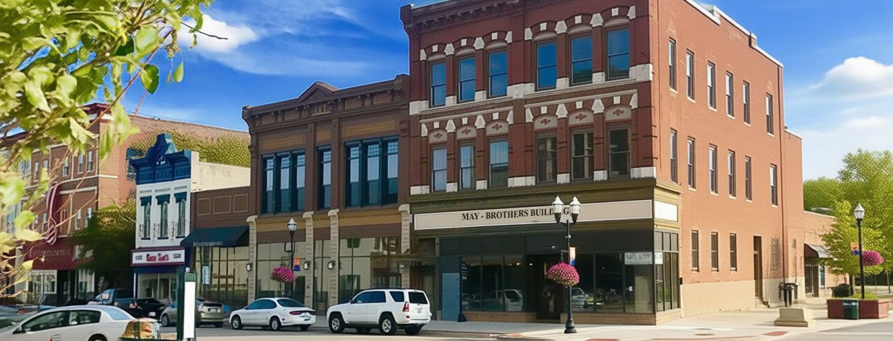 Historic downtown storefronts on a sunny street with brick buildings, parked cars, and trees