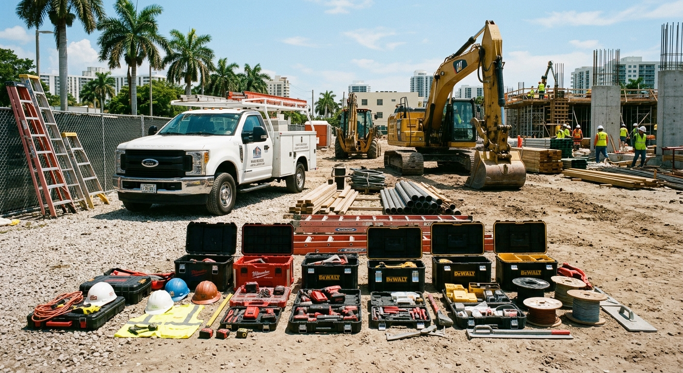 Contractor loading heavy equipment into a work truck at a South Florida job site on a sunny morning