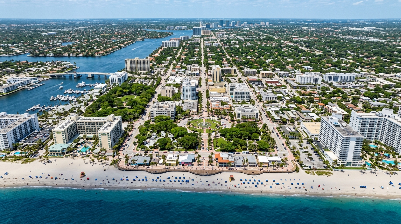 Aerial view of Hollywood Beach, Florida coastline with ocean, residential buildings, and the Broadwalk on a sunny day