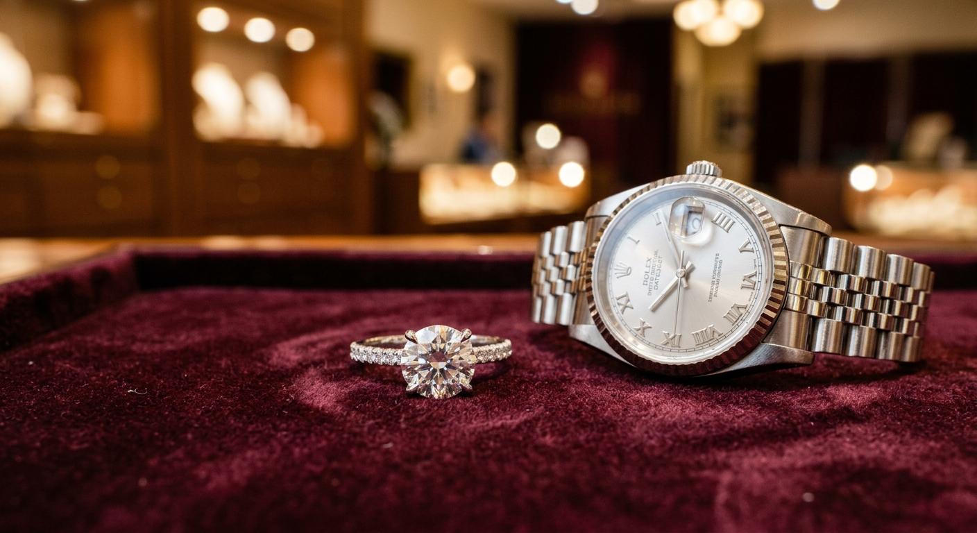 Close-up of a diamond engagement ring and gold necklace resting on white velvet inside a jewelry box near a bright Florida