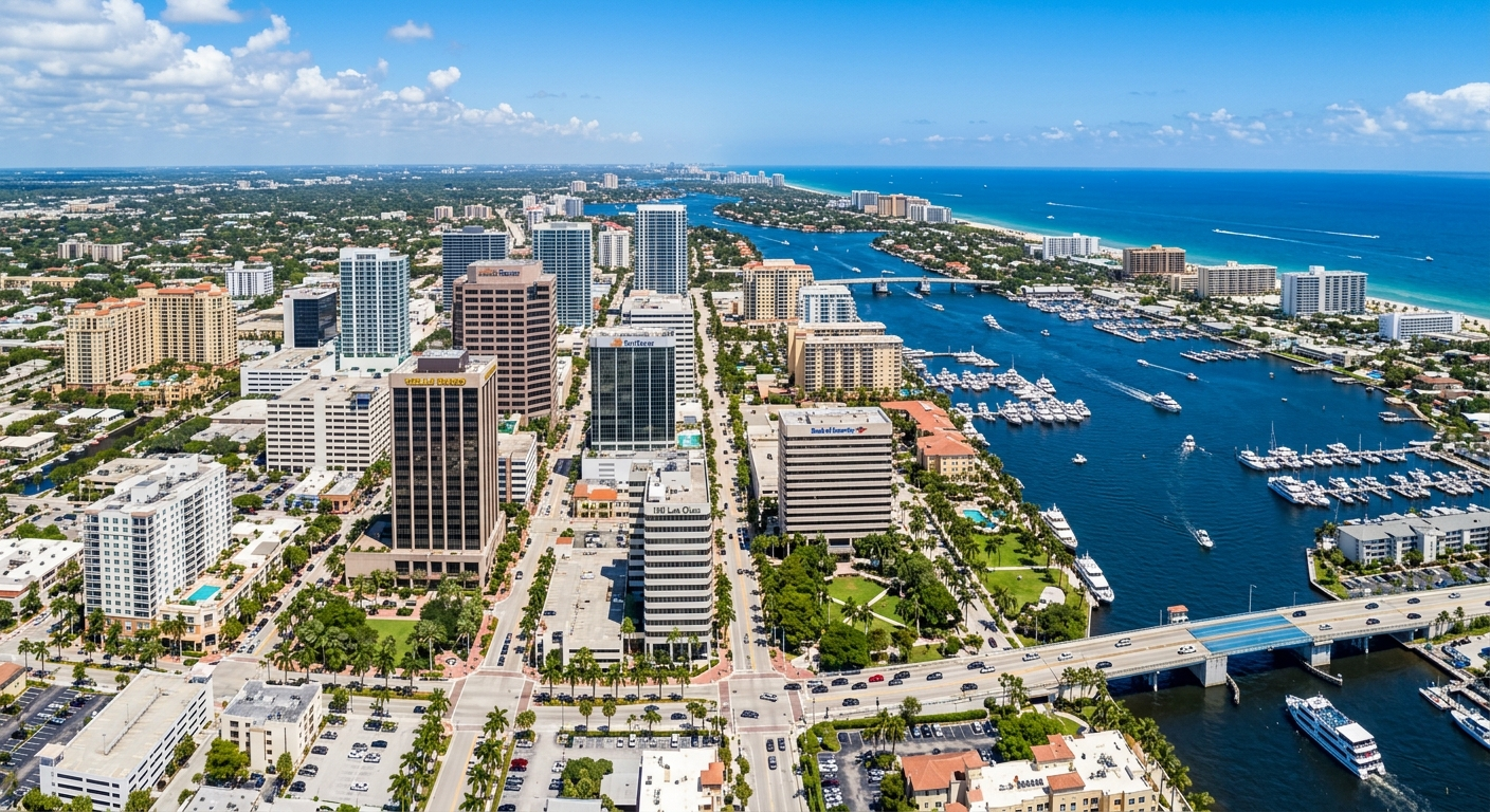 Fort Lauderdale business district storefront with a sign and sidewalk seating under a clear South Florida sky