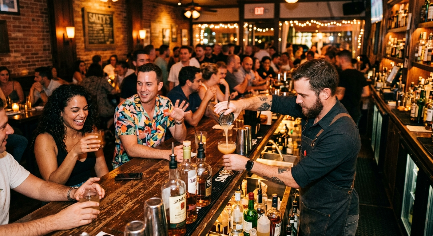 Bartender pouring a drink at a busy South Florida bar with neon lights and patrons in the background