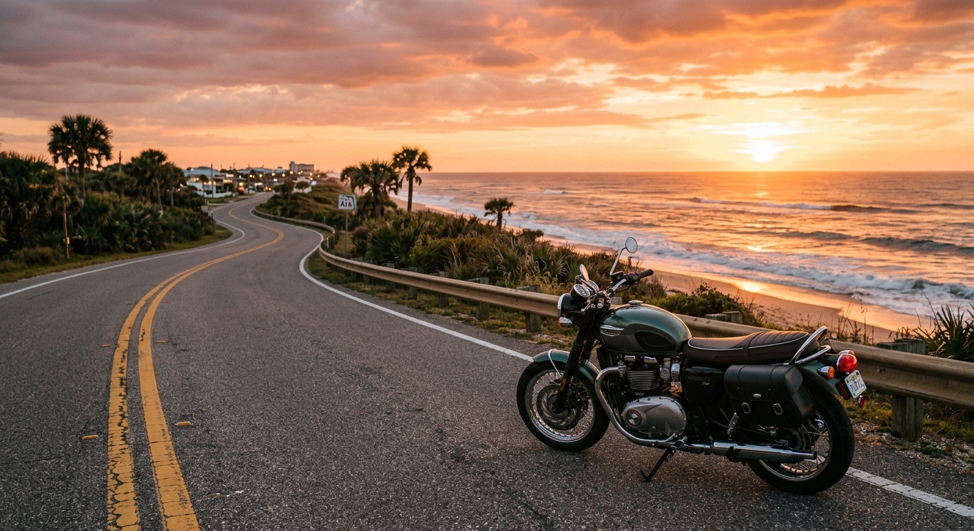 Motorcyclist riding on a sunny South Florida highway with palm trees in the background