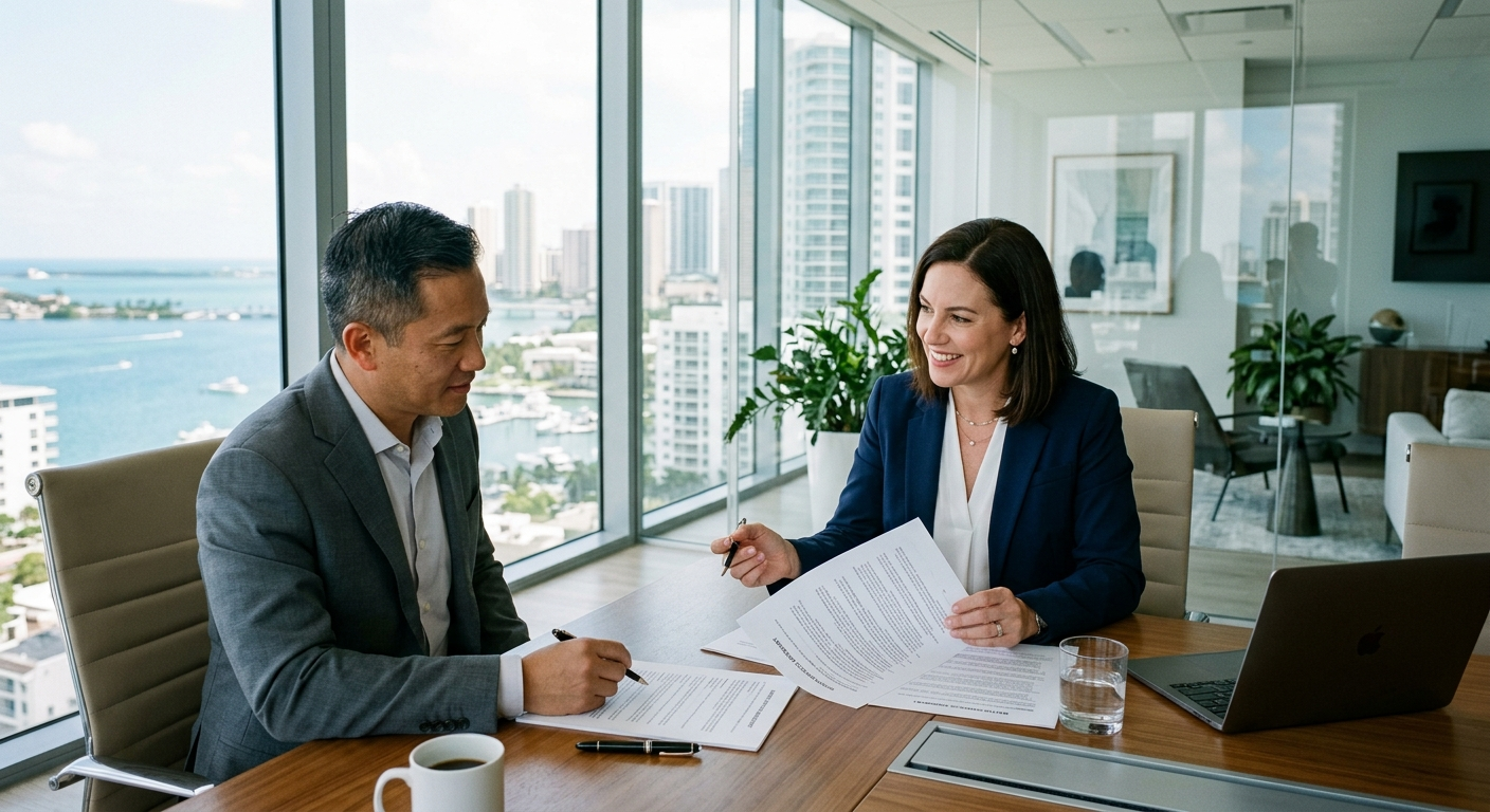 Independent insurance agent reviewing professional liability policy documents with a business owner at a desk in a South
