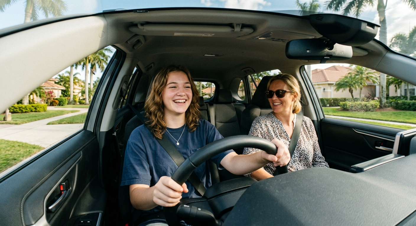 A teenage driver and parent reviewing auto insurance documents at a kitchen table in a Florida home