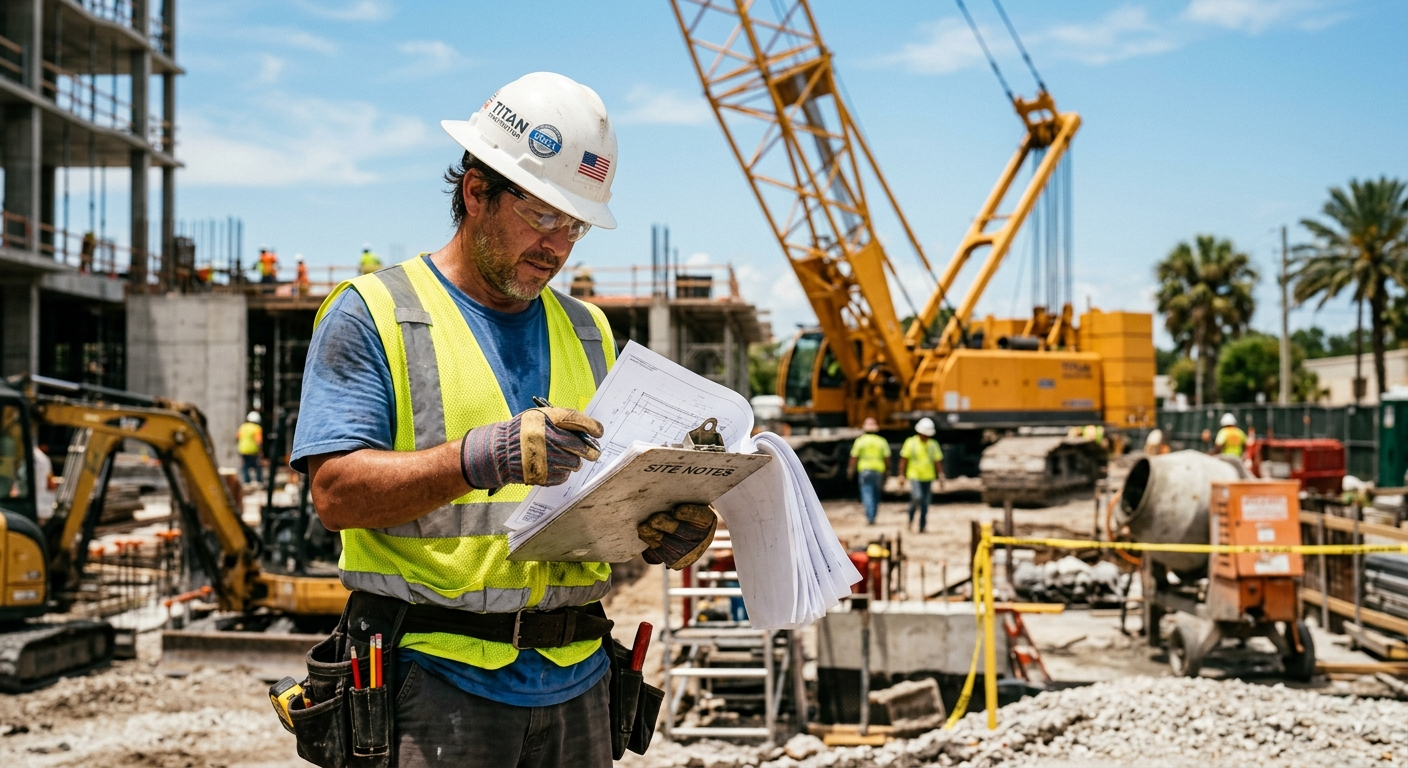 Construction worker on a South Florida job site wearing a hard hat and safety vest reviewing documents with a supervisor