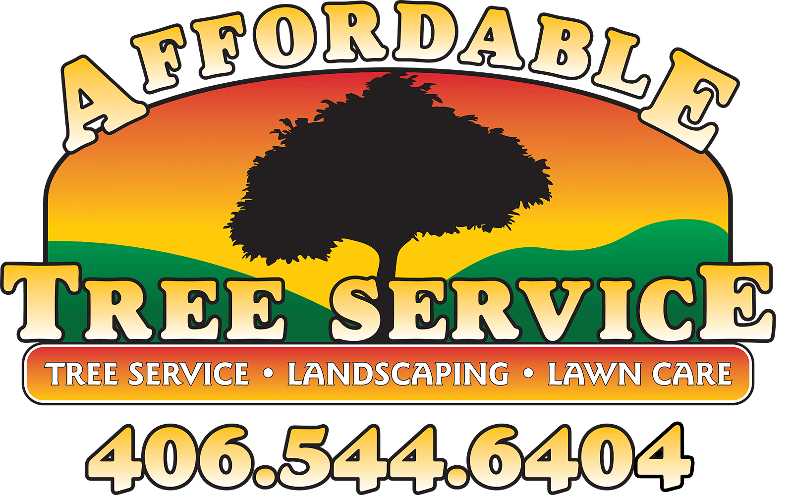 Logo for Affordable Tree Service featuring a black tree silhouette on a sunset background, with phone number 406.544.6404.