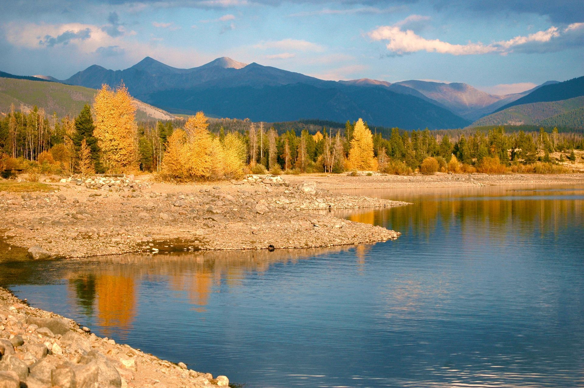 Sunlit lake with green trees and shrubs along the shore under a clear sky