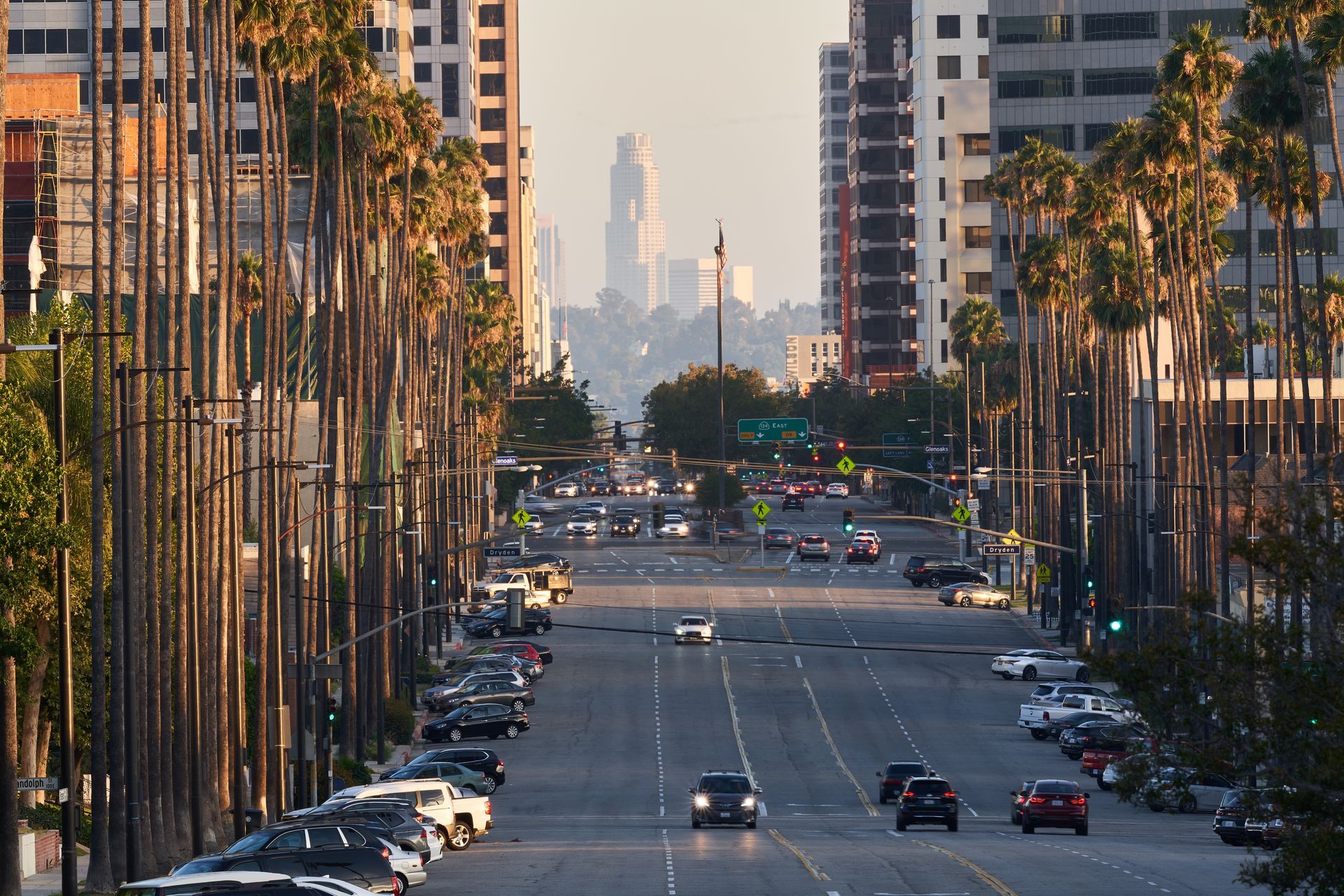 Sunset view down a palm-lined city boulevard with cars, framed by tall buildings and distant skyline.