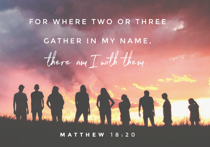 Two Or More Gathered in Faith Online Support Network events. Click to view event dates and details. Silhouette of people standing in a field under a dusky, sunset.
Text on image: